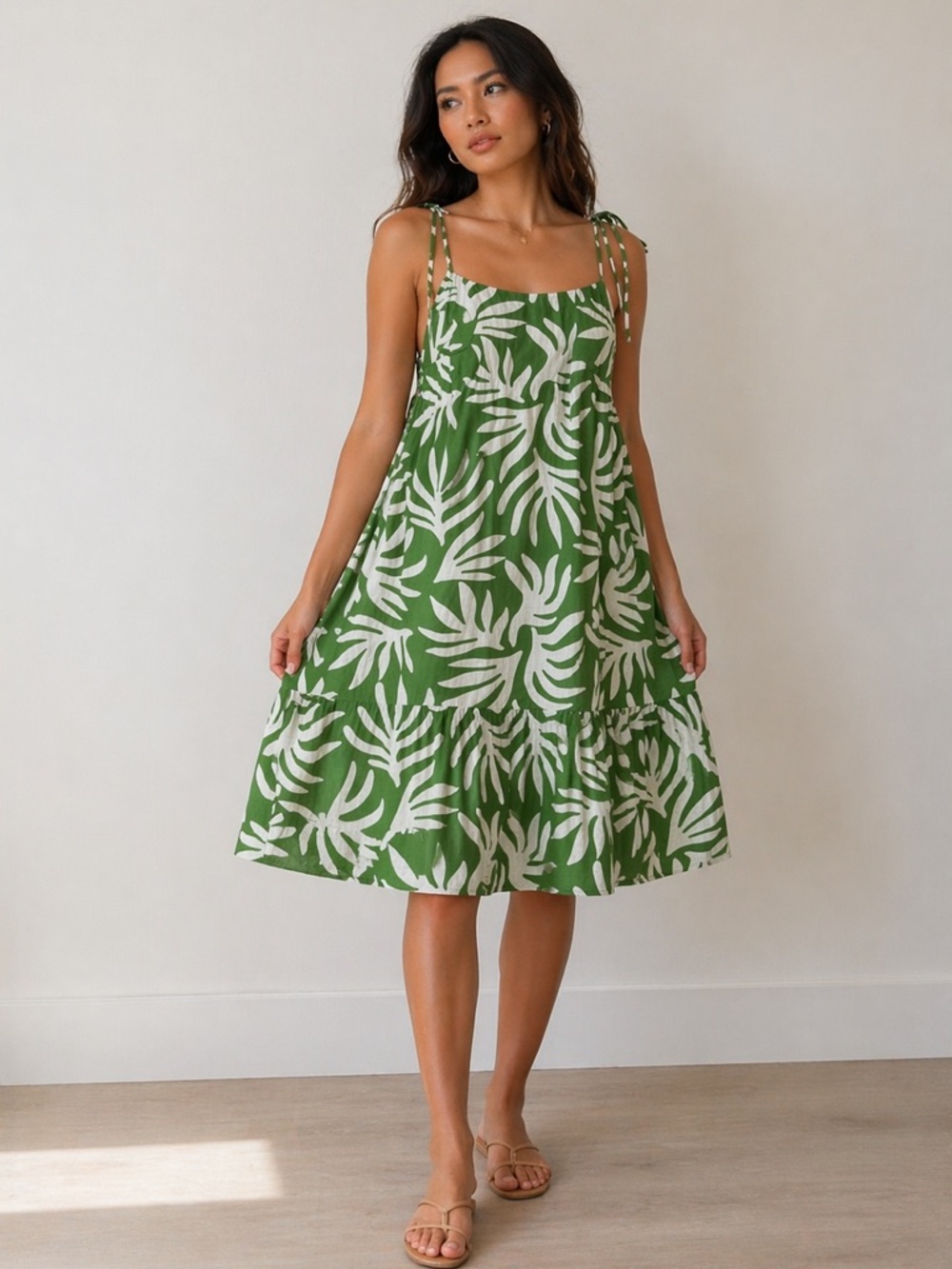 wild fable Green Leaf-Print Tie-Shoulder Midi Dress